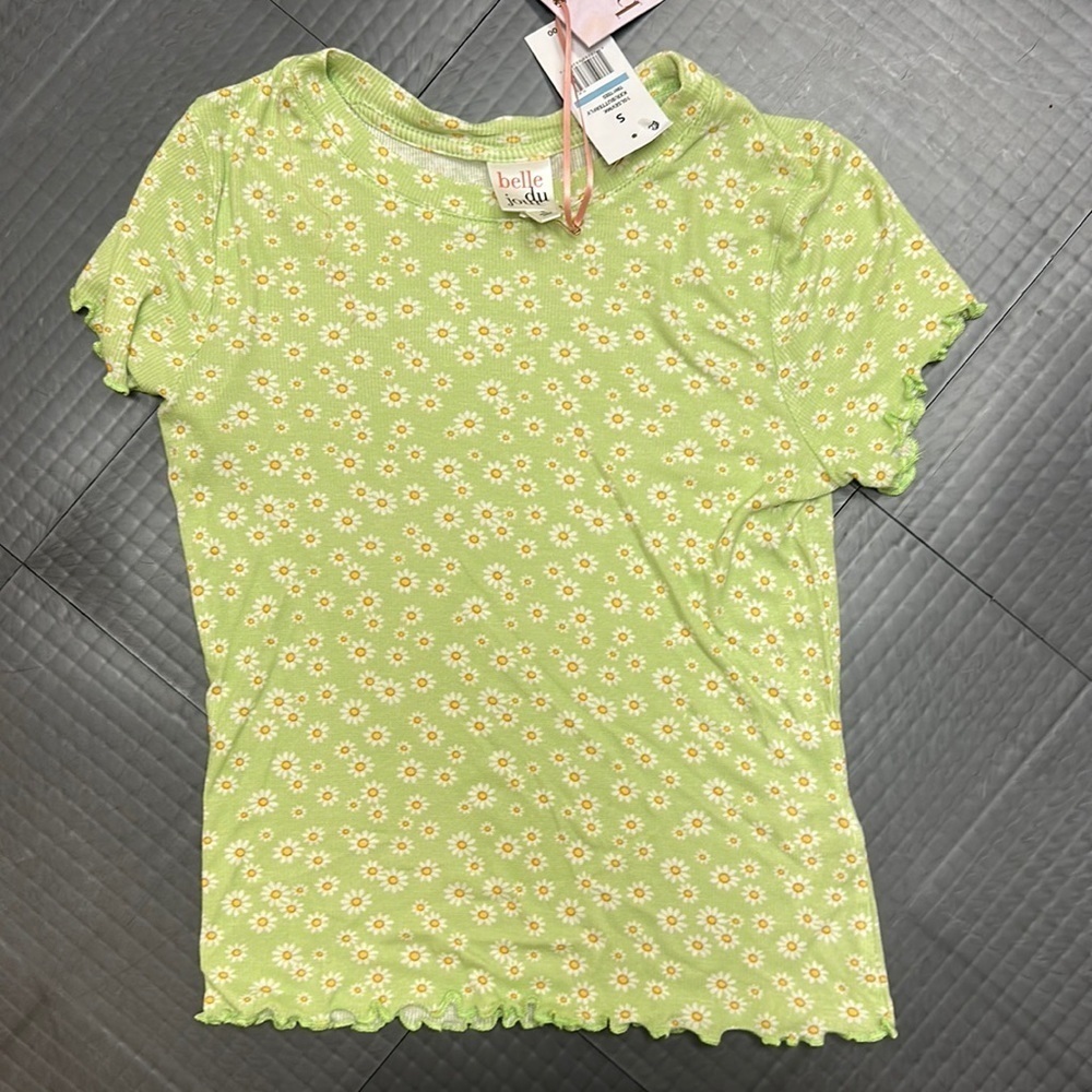 BELLE DU JOUR TINY TEE GREEN DAISY FLORAL JUNIORS SIZE SMALL